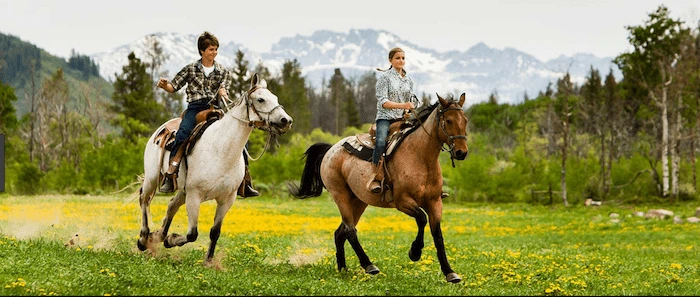 Confident plus-size woman riding Warfield a horse through a field with a smile on her face.